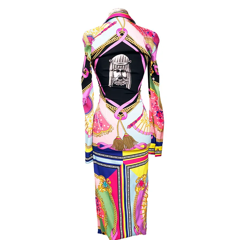 38 NEW $3,095 VERSACE Ventagli FAN LOGO PRINT Zip Front SILK JERSEY Shirt DRESS
