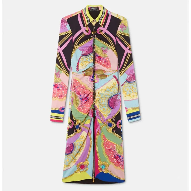 38 NEW $3,095 VERSACE Ventagli FAN LOGO PRINT Zip Front SILK JERSEY Shirt DRESS