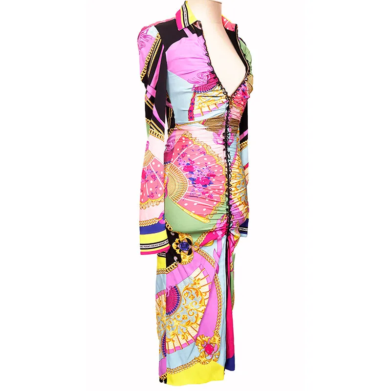 38 NEW $3,095 VERSACE Ventagli FAN LOGO PRINT Zip Front SILK JERSEY Shirt DRESS