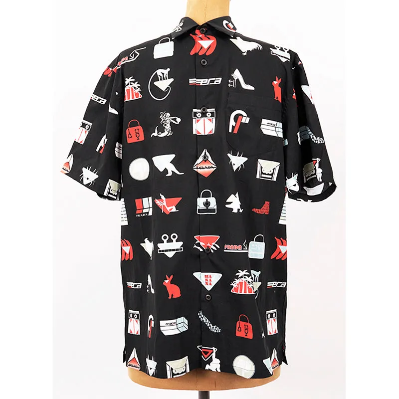 39 NEW $1,240 PRADA Runway Men's Black Sticker Design Short Sleeved Poplin SHIRT
