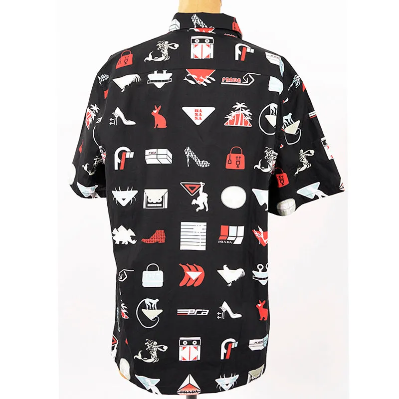 39 NEW $1,240 PRADA Runway Men's Black Sticker Design Short Sleeved Poplin SHIRT