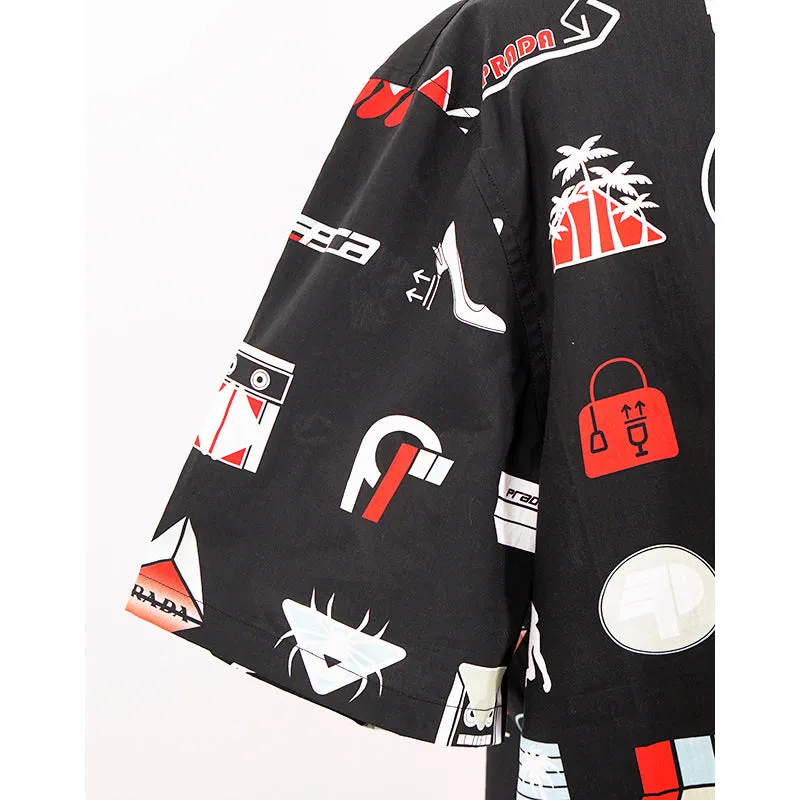 39 NEW $1,240 PRADA Runway Men's Black Sticker Design Short Sleeved Poplin SHIRT