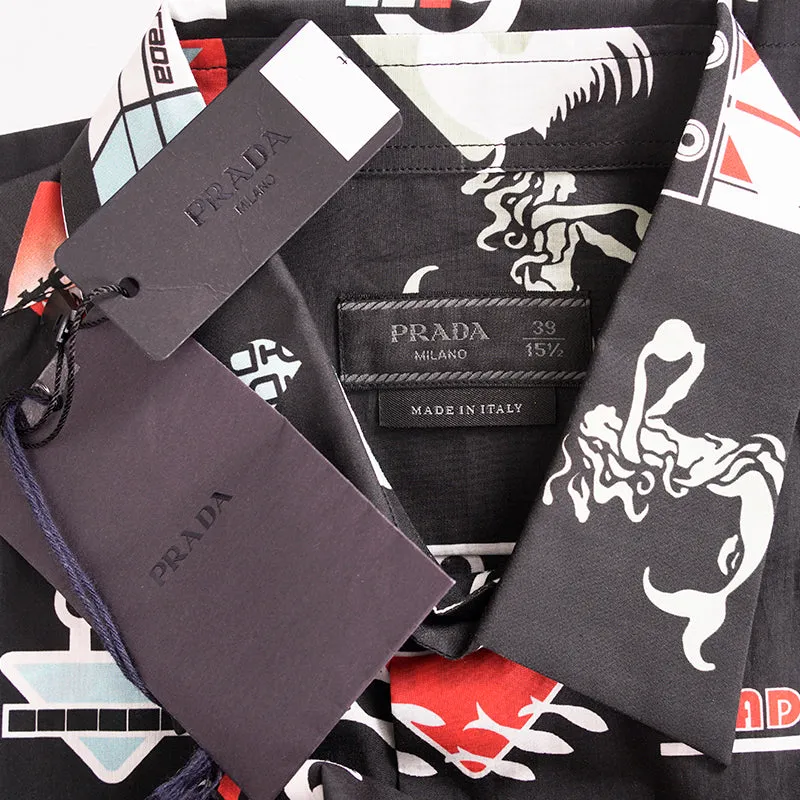 39 NEW $1,240 PRADA Runway Men's Black Sticker Design Short Sleeved Poplin SHIRT
