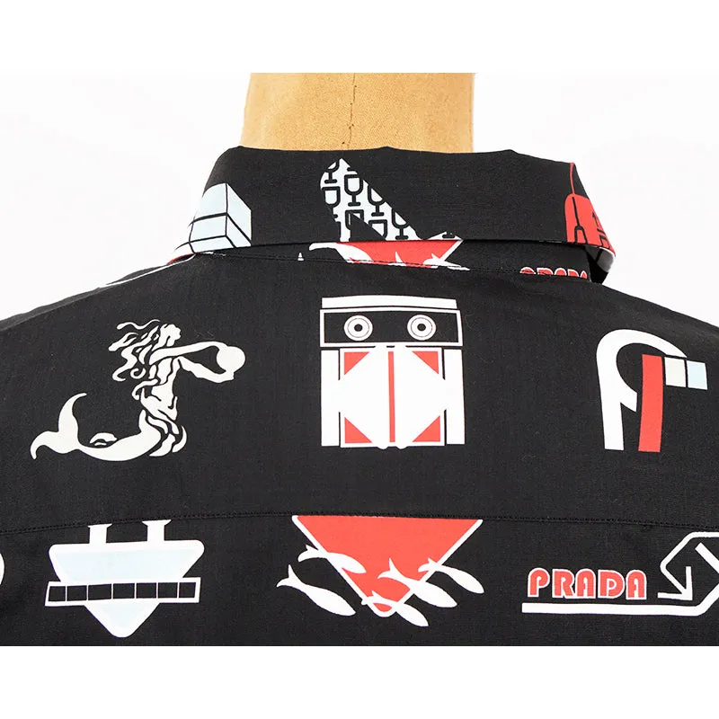 39 NEW $1,240 PRADA Runway Men's Black Sticker Design Short Sleeved Poplin SHIRT