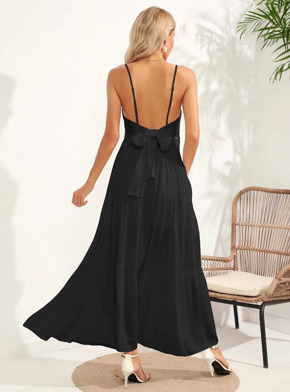 ALENDA DANMOS Women's Spaghetti Straps Maxi Dress Flowy Pleated Swing Beach Long Dress Low Backless Sundress 189