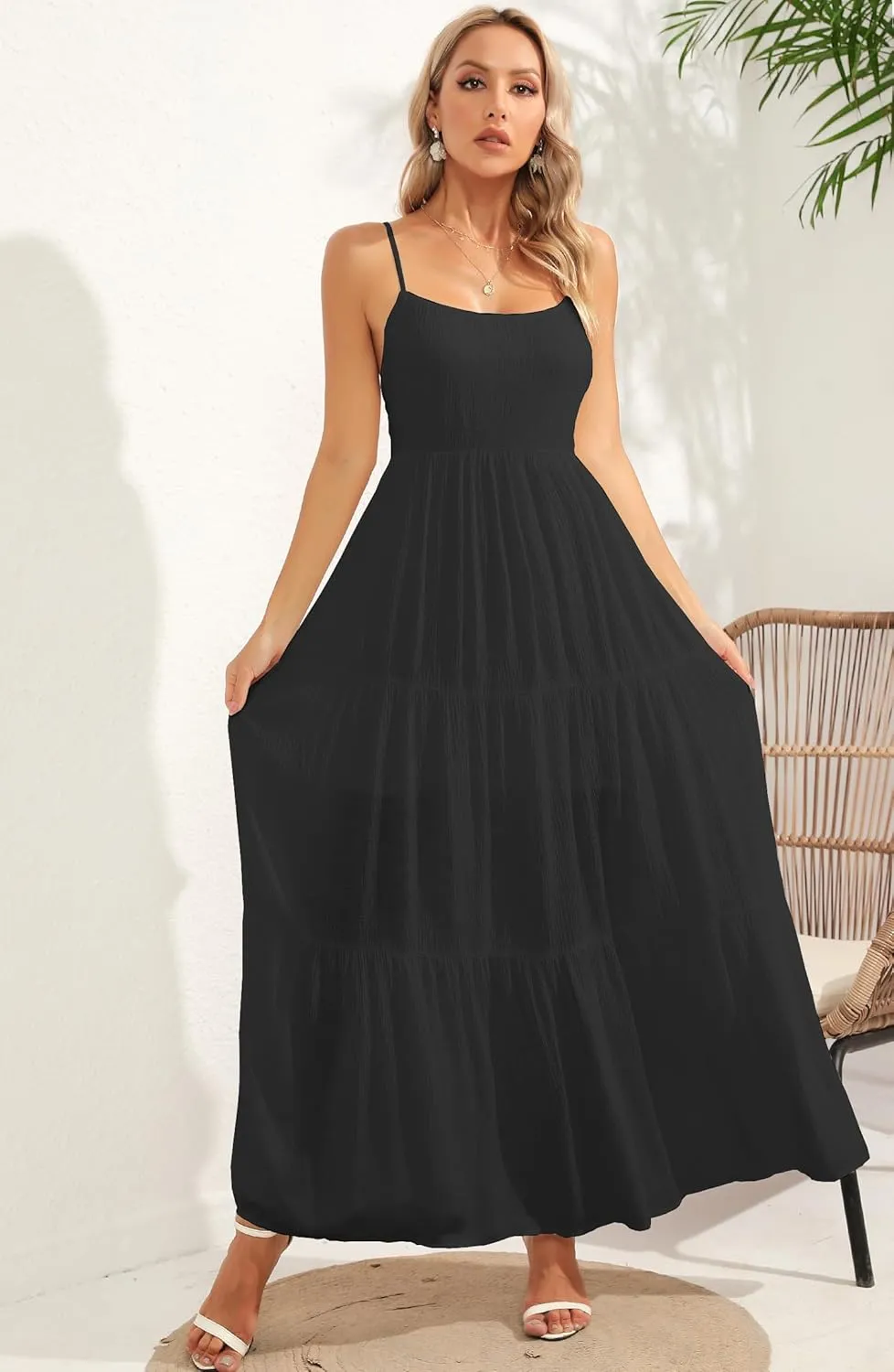 ALENDA DANMOS Women's Spaghetti Straps Maxi Dress Flowy Pleated Swing Beach Long Dress Low Backless Sundress 189