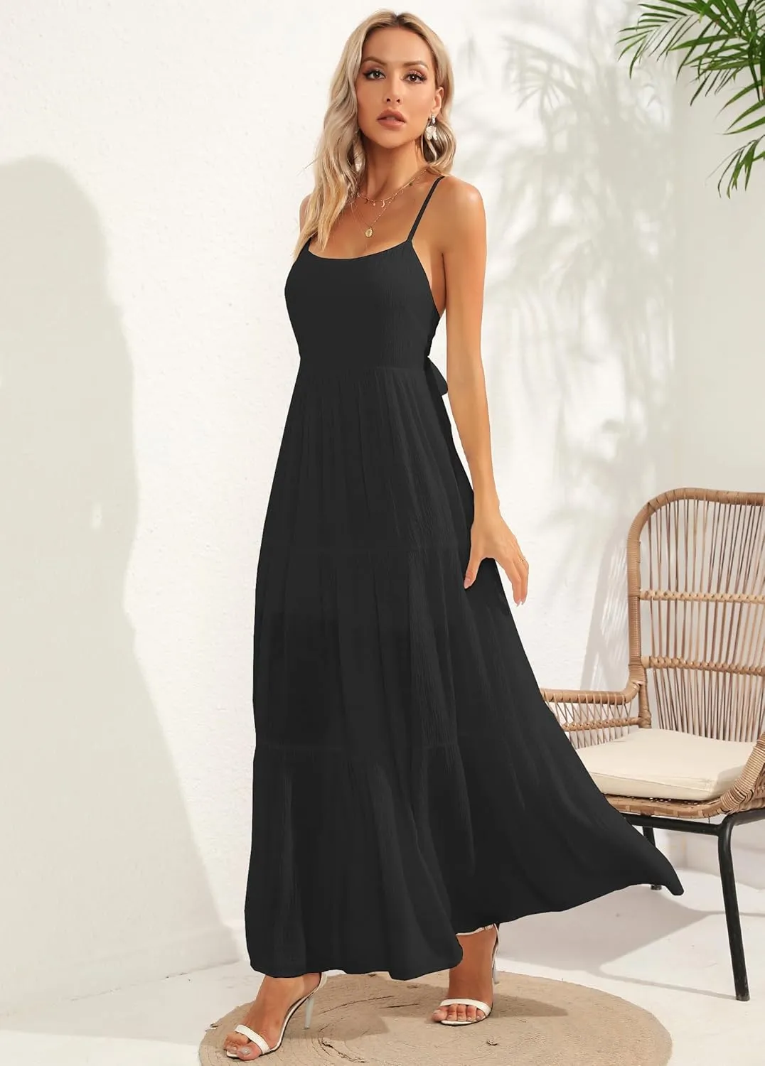 ALENDA DANMOS Women's Spaghetti Straps Maxi Dress Flowy Pleated Swing Beach Long Dress Low Backless Sundress 189