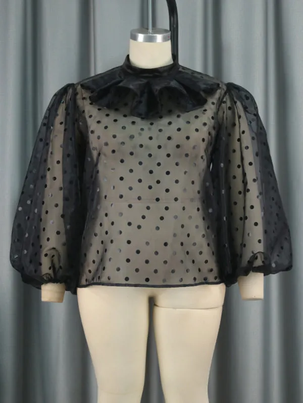 AOMEI Plus Size Polka Dot See Through Black Blouses