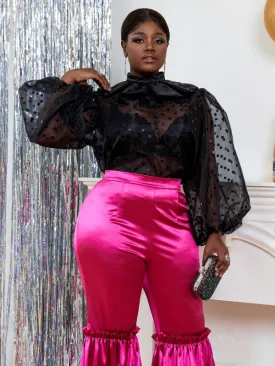 AOMEI Plus Size Polka Dot See Through Black Blouses