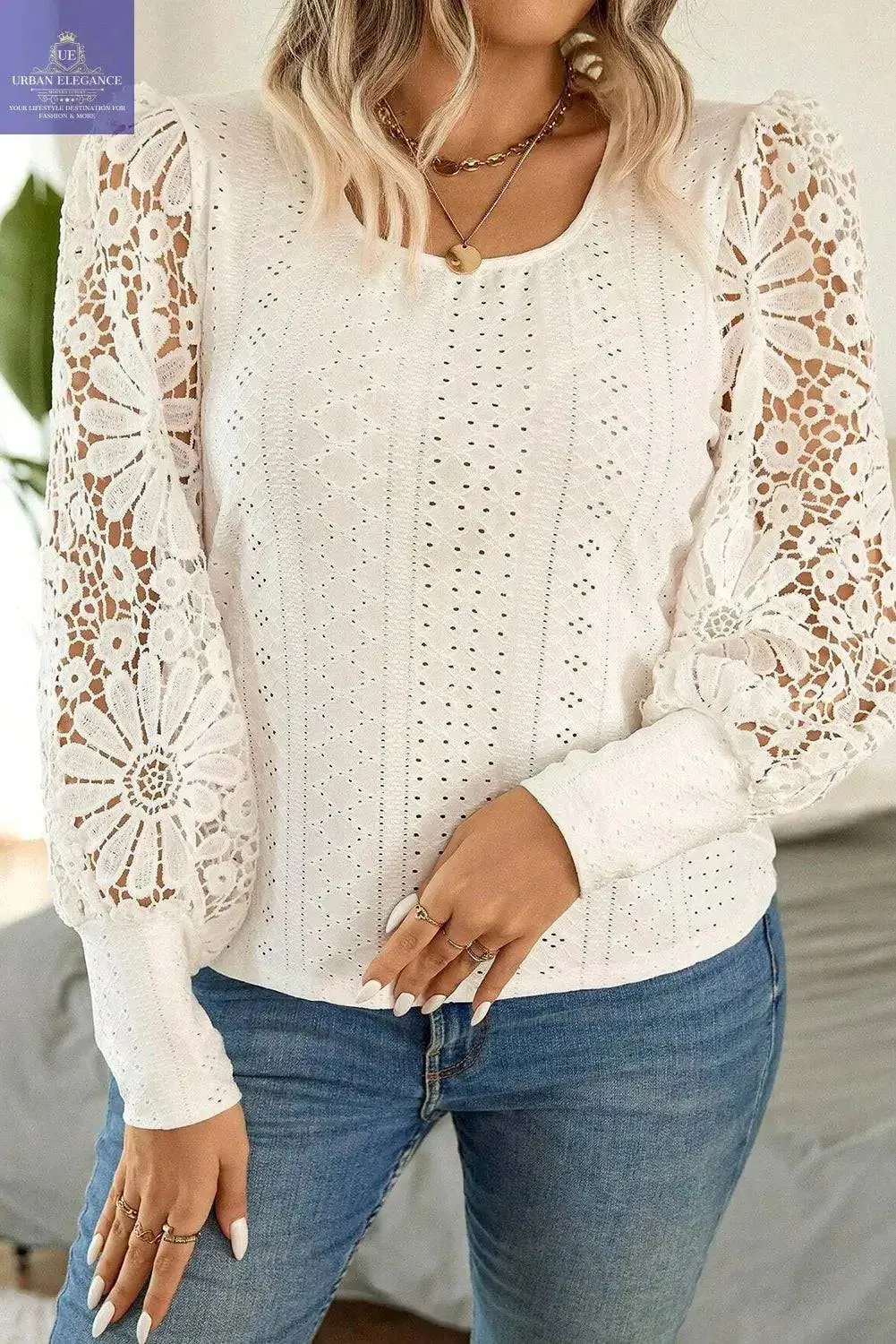 Apricot Lace Lantern Sleeve Plus Size Blouse