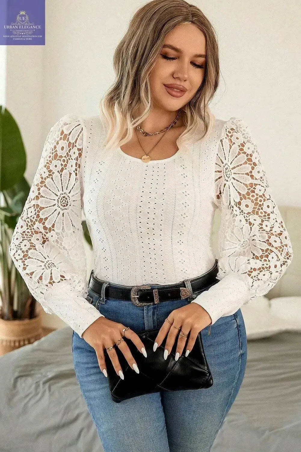 Apricot Lace Lantern Sleeve Plus Size Blouse