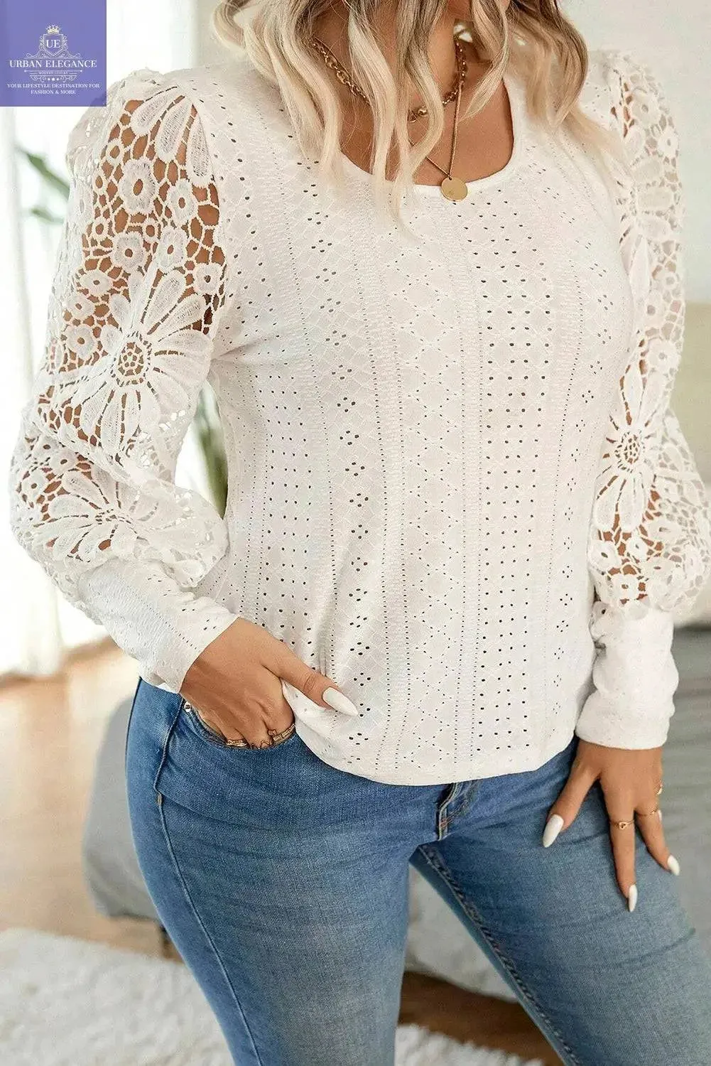 Apricot Lace Lantern Sleeve Plus Size Blouse