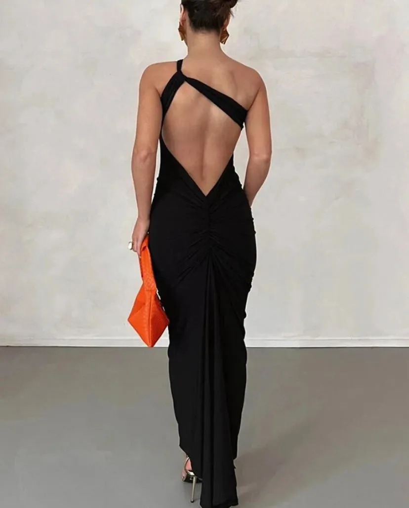 Backless Ruched Twist Front Maxi Dress