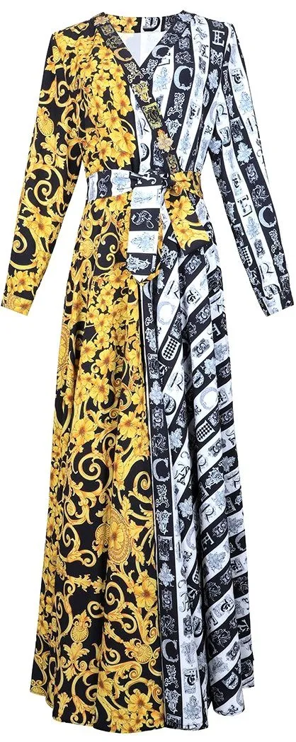 Baroque-Print Wrap Maxi Dress