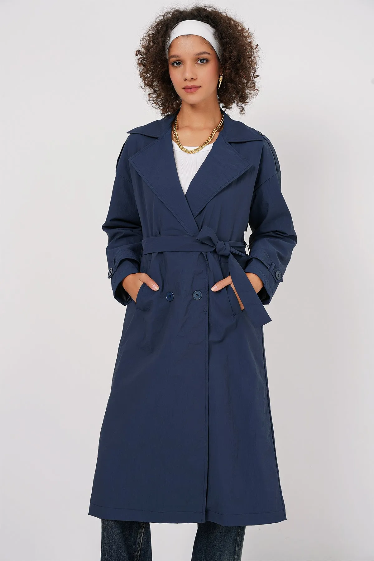 BGD Women Double-Breasted Trench Coat - Navy Blue - Northwich