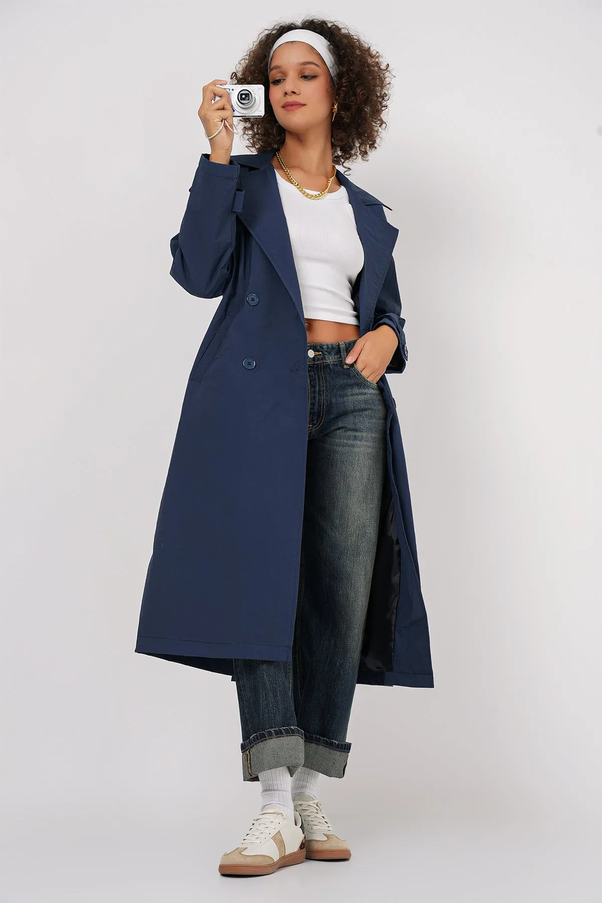 BGD Women Double-Breasted Trench Coat - Navy Blue - Northwich