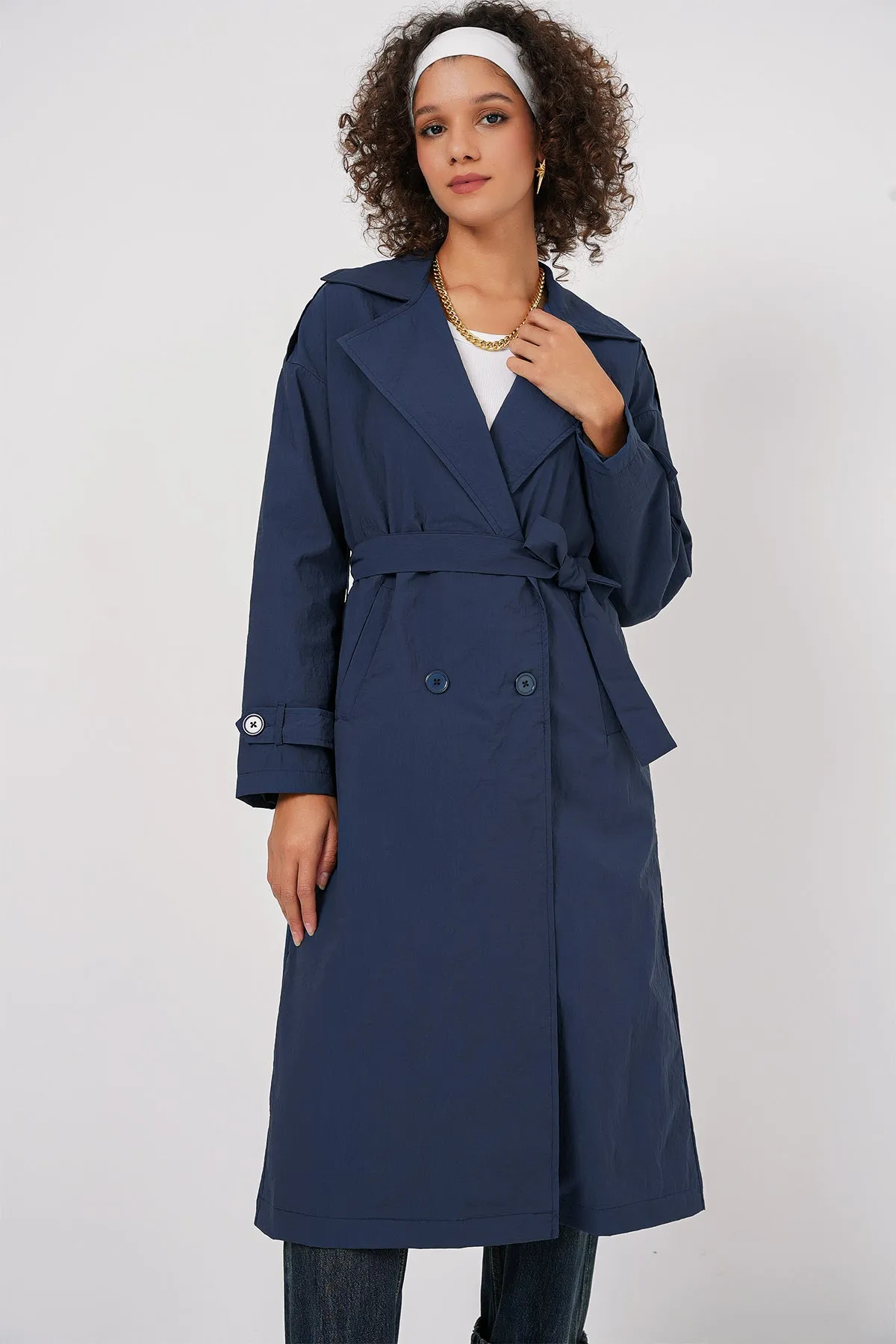 BGD Women Double-Breasted Trench Coat - Navy Blue - Northwich