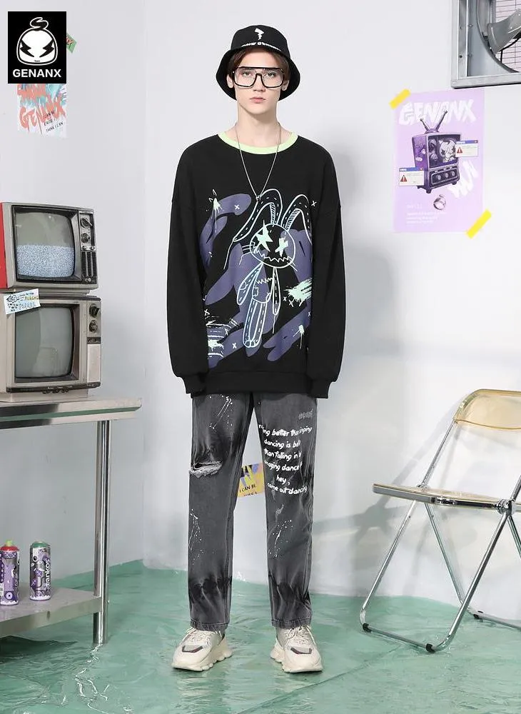 Black Rabbit Print Crew Neck Sweatshirt