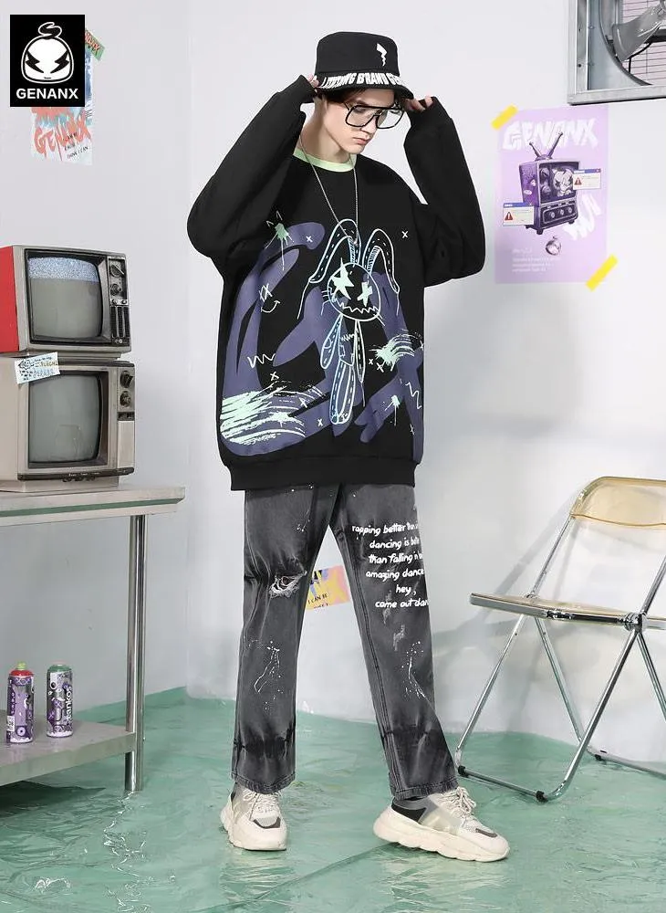 Black Rabbit Print Crew Neck Sweatshirt