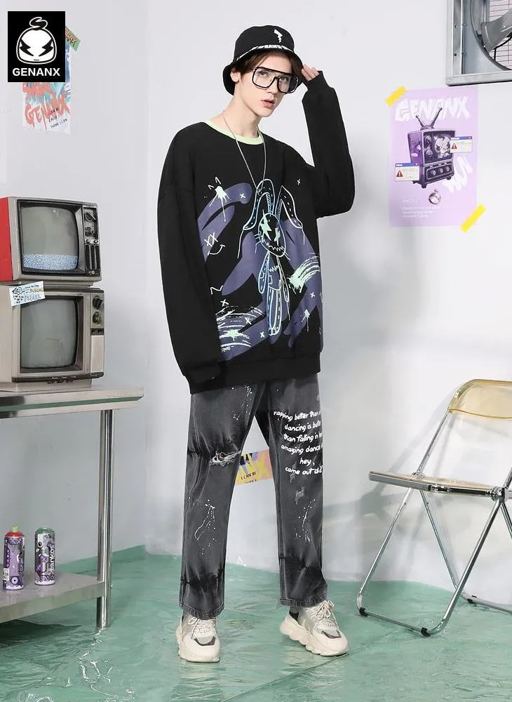 Black Rabbit Print Crew Neck Sweatshirt