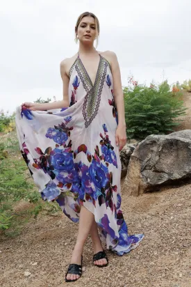 Blue Floral Print Maxi Dress