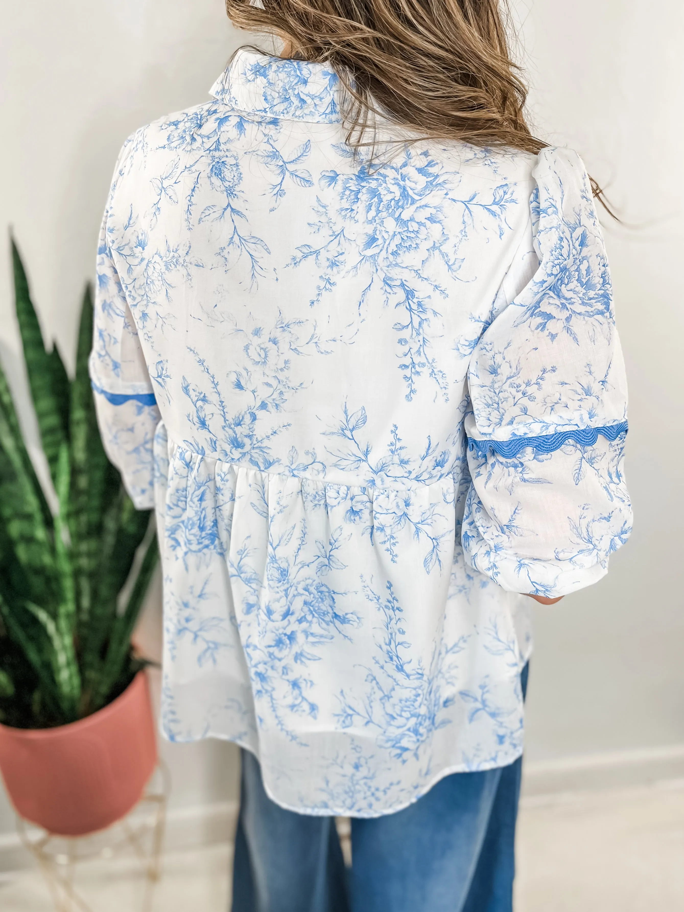 Blue Floral Rickrak Blouse