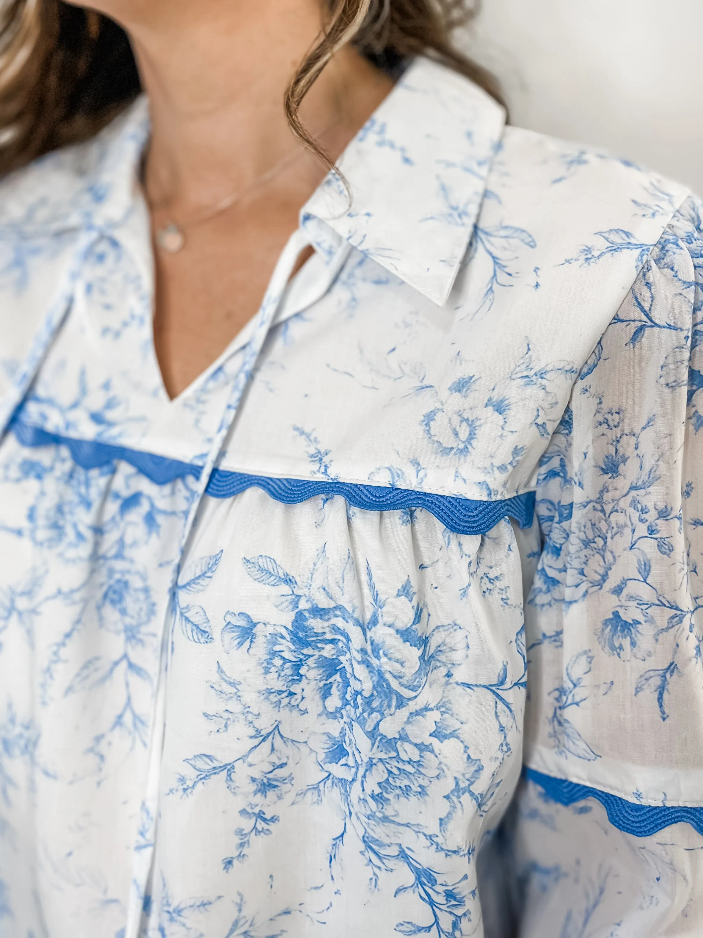 Blue Floral Rickrak Blouse