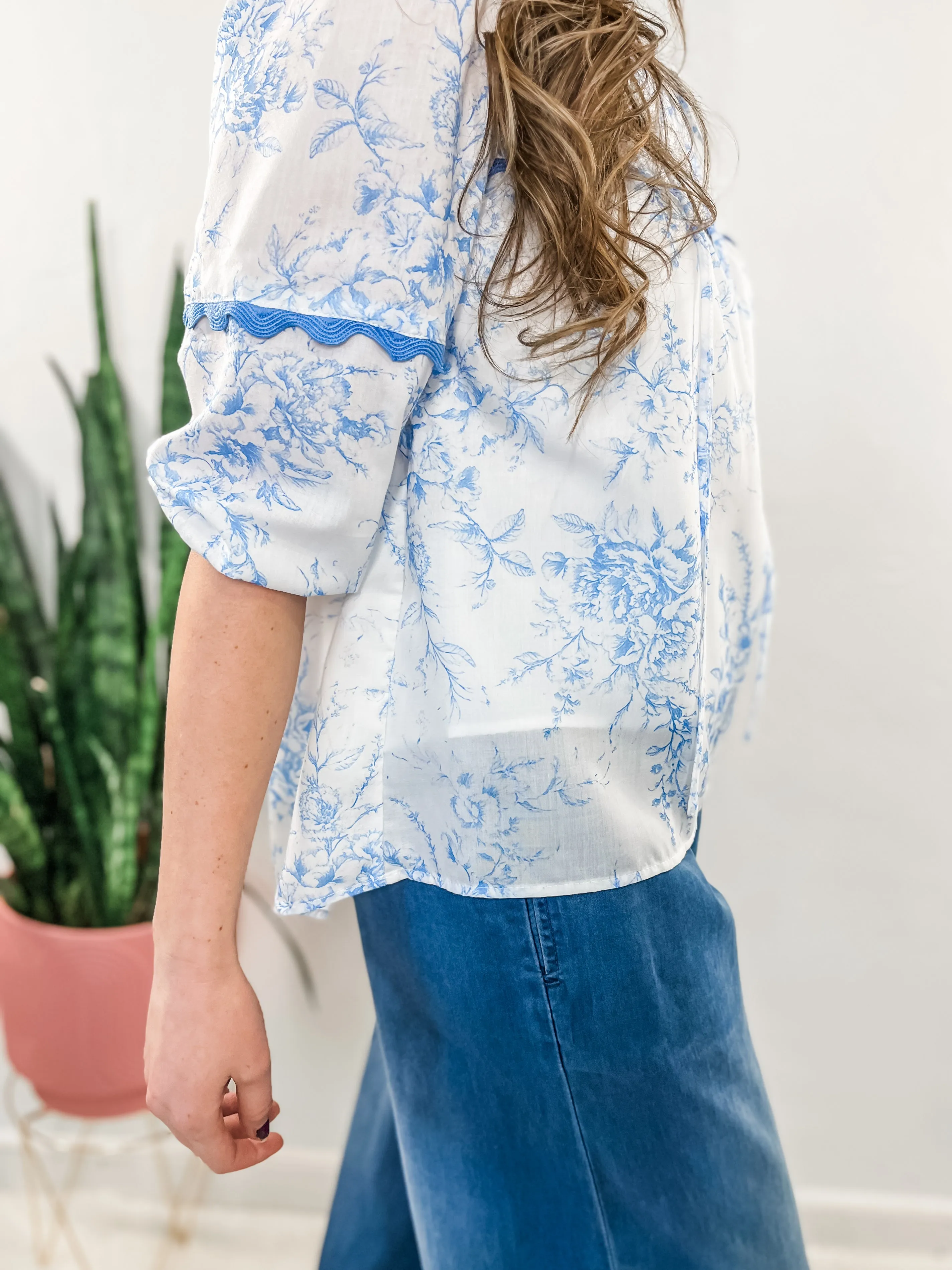 Blue Floral Rickrak Blouse