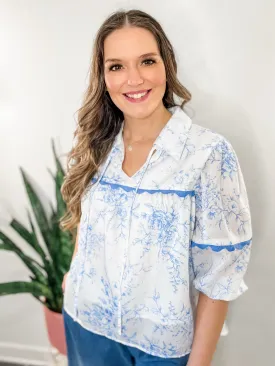 Blue Floral Rickrak Blouse