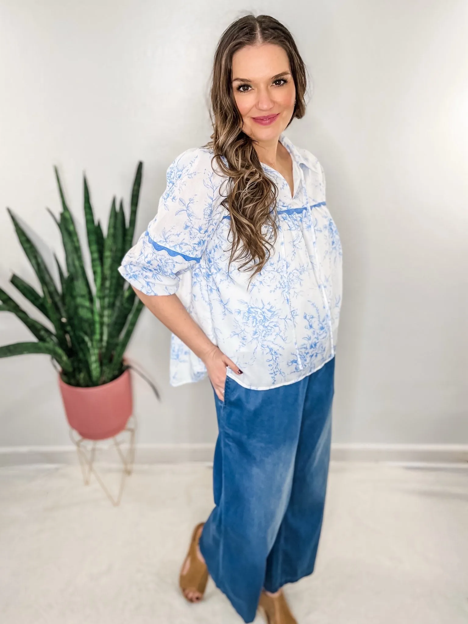 Blue Floral Rickrak Blouse