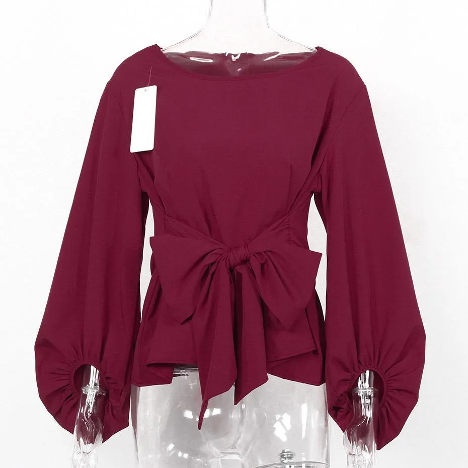 Chiffon Bow Knot Wrap Lantern Sleeve Blouse