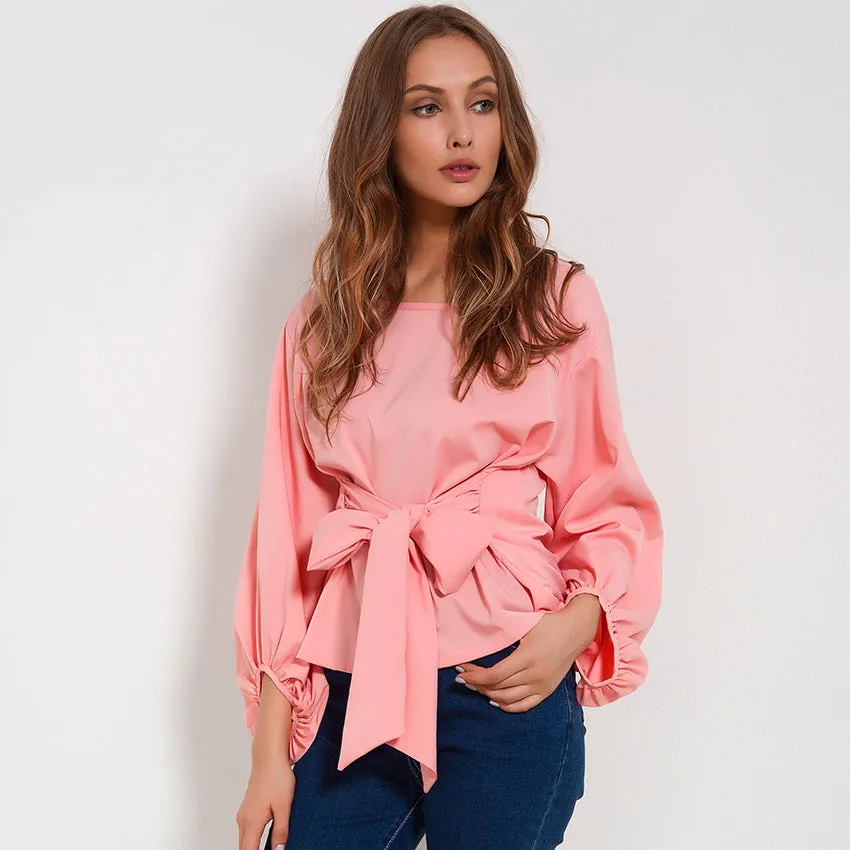 Chiffon Bow Knot Wrap Lantern Sleeve Blouse