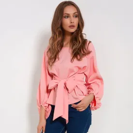 Chiffon Bow Knot Wrap Lantern Sleeve Blouse