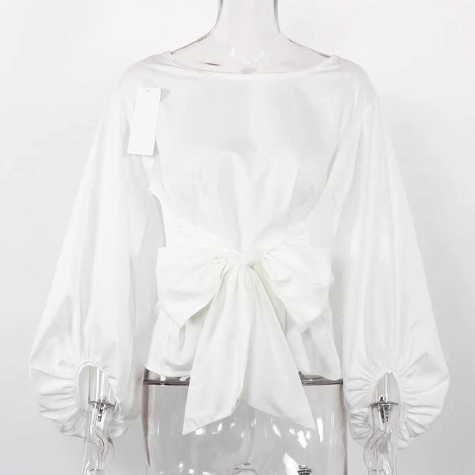 Chiffon Bow Knot Wrap Lantern Sleeve Blouse