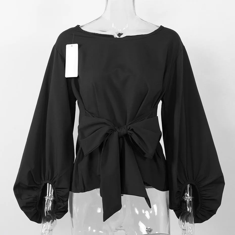 Chiffon Bow Knot Wrap Lantern Sleeve Blouse