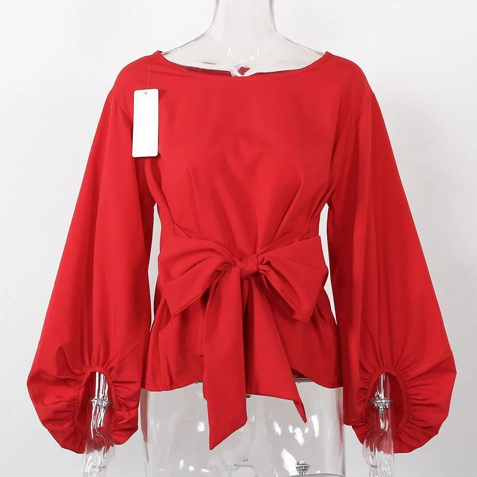 Chiffon Bow Knot Wrap Lantern Sleeve Blouse