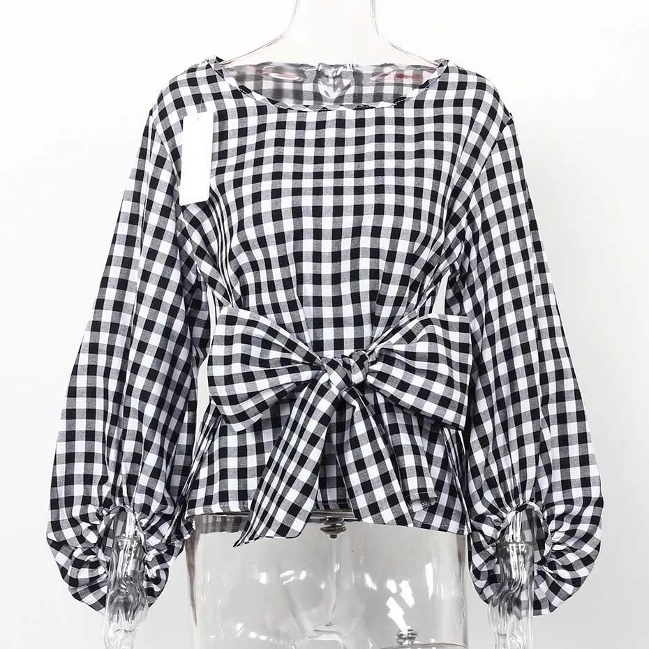 Chiffon Bow Knot Wrap Lantern Sleeve Blouse