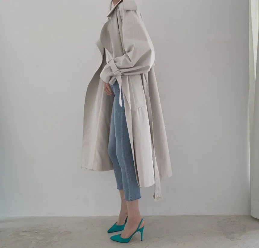 Collared Plain Back Slit Midi Double Breasted Trench Coat