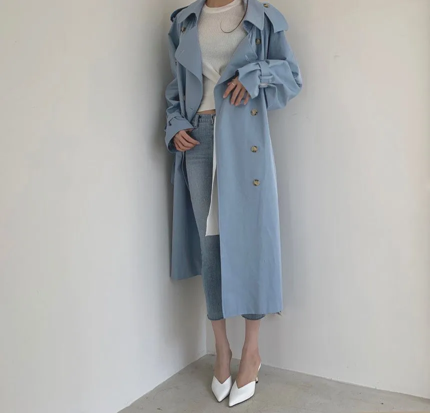 Collared Plain Back Slit Midi Double Breasted Trench Coat