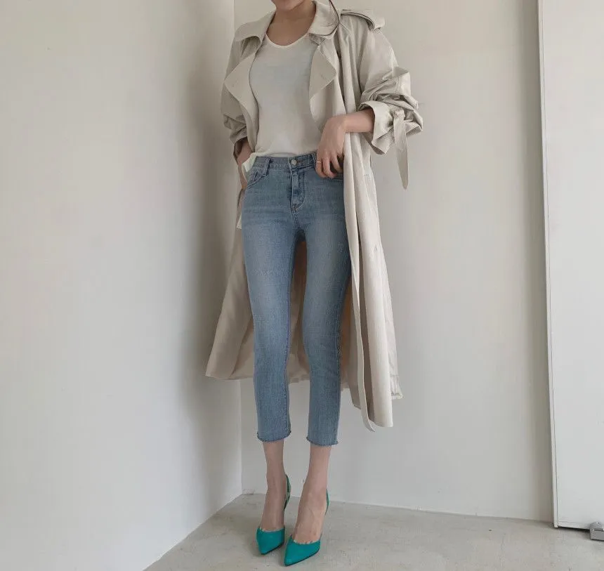 Collared Plain Back Slit Midi Double Breasted Trench Coat
