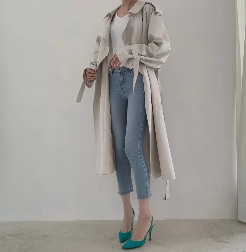 Collared Plain Back Slit Midi Double Breasted Trench Coat