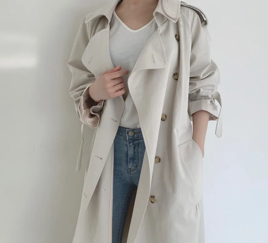 Collared Plain Back Slit Midi Double Breasted Trench Coat