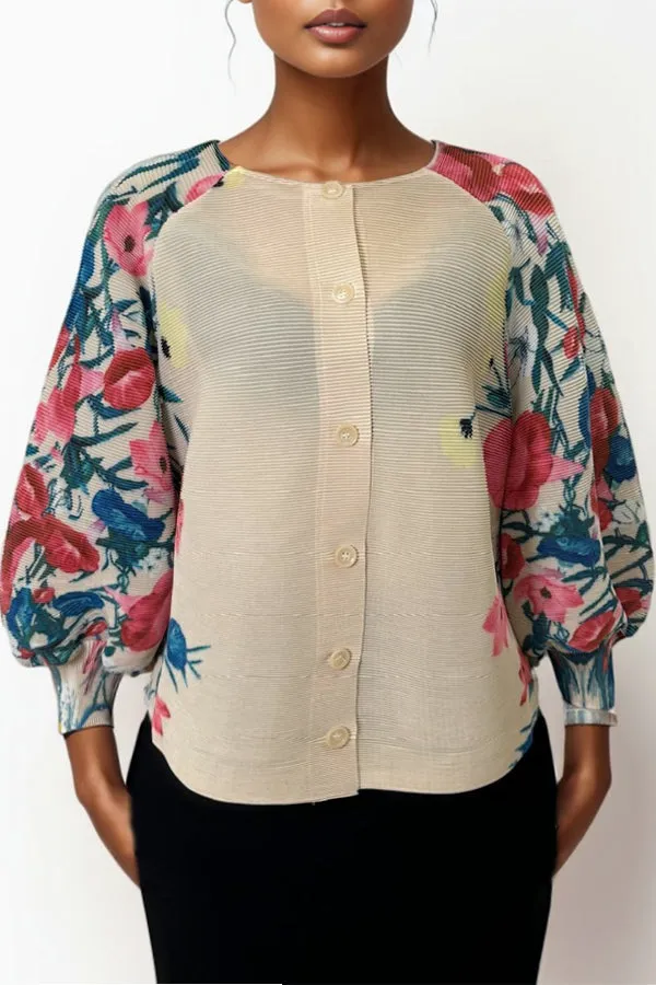 D7412 BEIGE BUTTON DOWN LANTERN SLEEVE TOP
