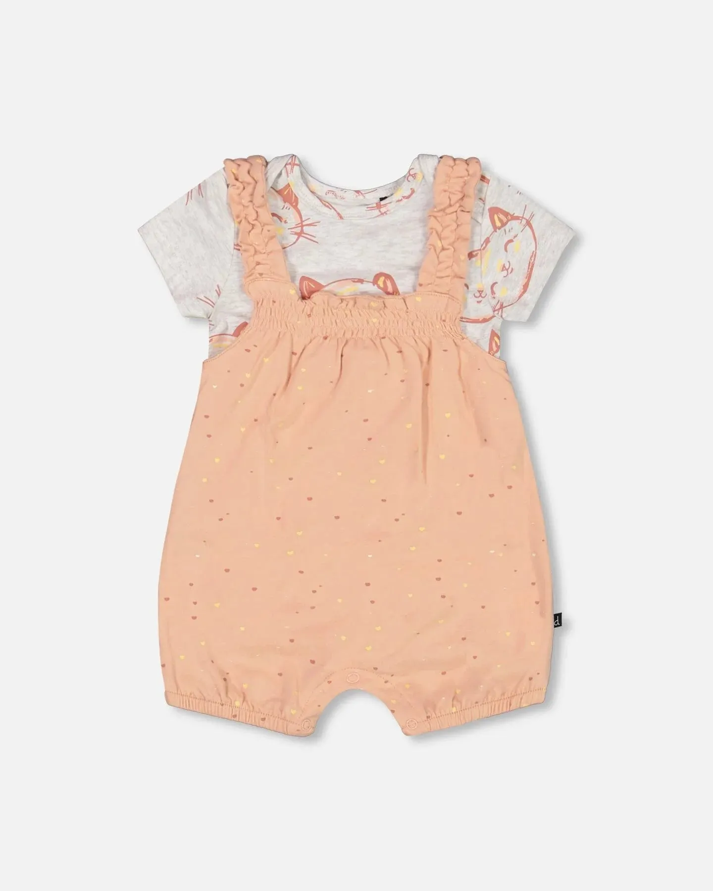 Deux Par Deux | Cats Onesie & Little Heart Shortall Set