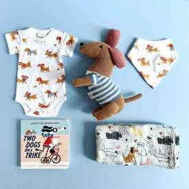 Dog Print Baby Onesie, Bib, Swaddle, Book & Toy