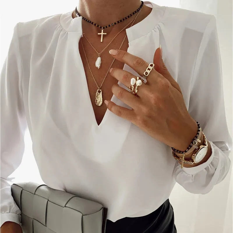Elegant V Neck Over-sized Chiffon Lantern Sleeve Solid Blouse