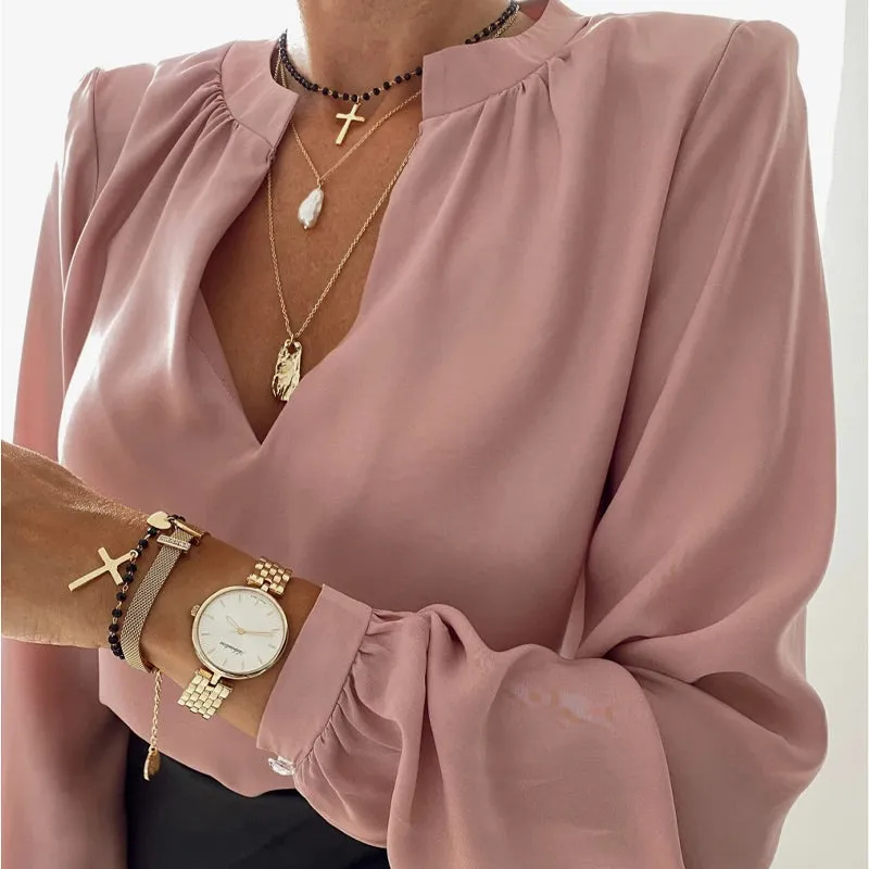 Elegant V Neck Over-sized Chiffon Lantern Sleeve Solid Blouse
