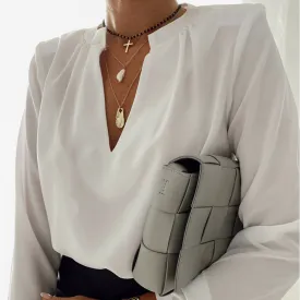 Elegant V Neck Over-sized Chiffon Lantern Sleeve Solid Blouse