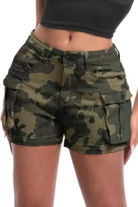 ELLEVEN Women's High-Stretch Cargo Shorts, Y2K Mini, High Waisted, Slim-Fitted Jean Shorts with Pockets