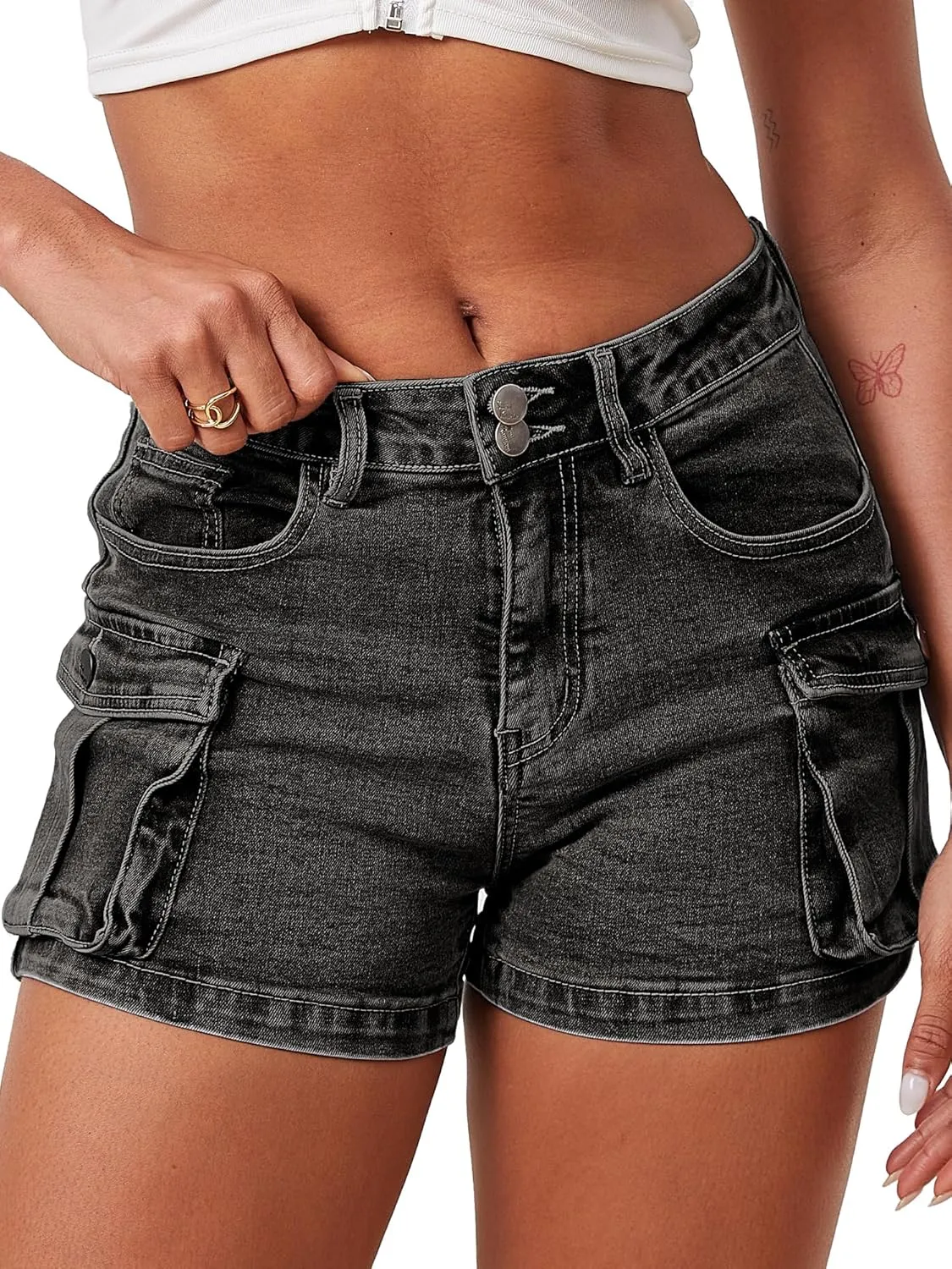 ELLEVEN Women's High-Stretch Cargo Shorts, Y2K Mini, High Waisted, Slim-Fitted Jean Shorts with Pockets